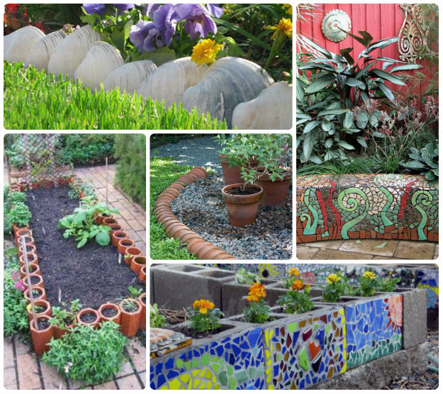 Collage of creative garden edges inc shells, flowers pots and mosaic